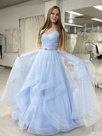 Blue sweetheart tulle long prom dress, blue tulle formal dress