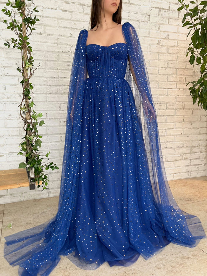 Blue tulle A line long prom dress, blue tulle formal dress