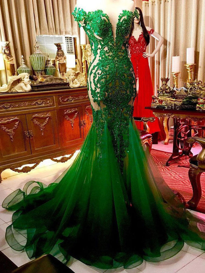 Green tulle lace mermaid long prom dress, green tulle formal dress
