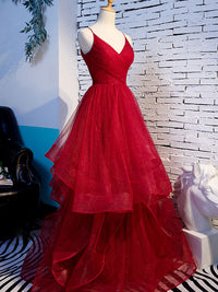 Burgundy v neck tulle long prom dress, burgundy tulle formal dress