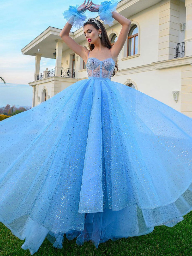 Blue sweetheart neck tulle long prom dress, blue evening dress