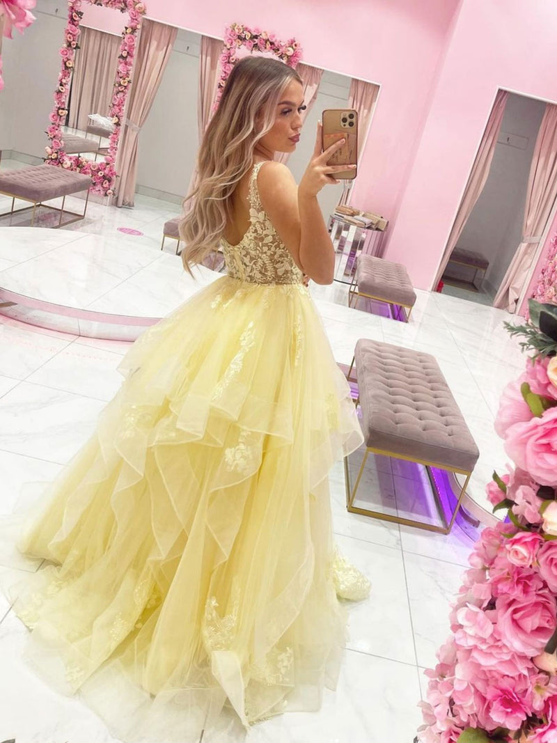 Yellow v neck tulle lace long prom dress, yellow evening dress