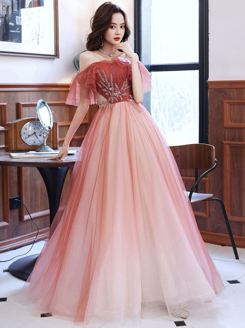 Burgundy tulle long prom dress, burgundy tulle formal dress