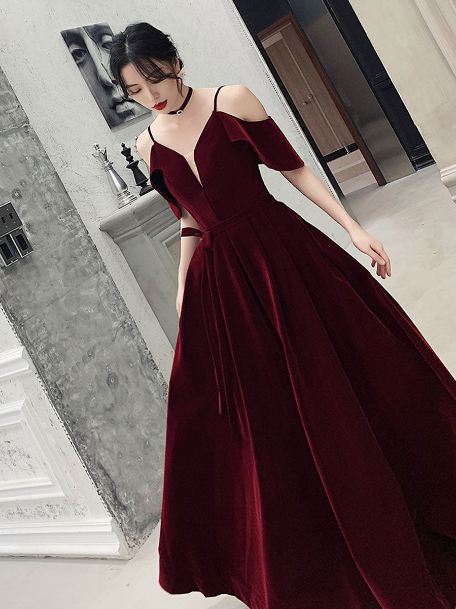 Simple v neck velvet long prom dress, burgundy formal evening dress