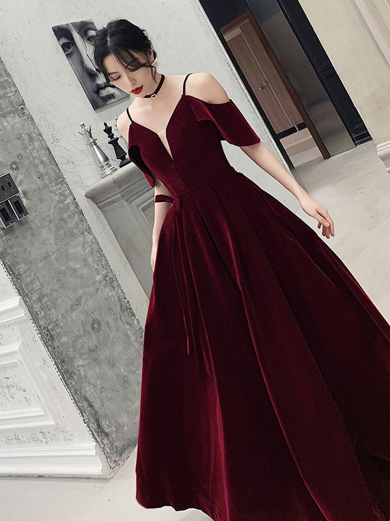 Simple v neck velvet long prom dress, burgundy formal evening dress ...