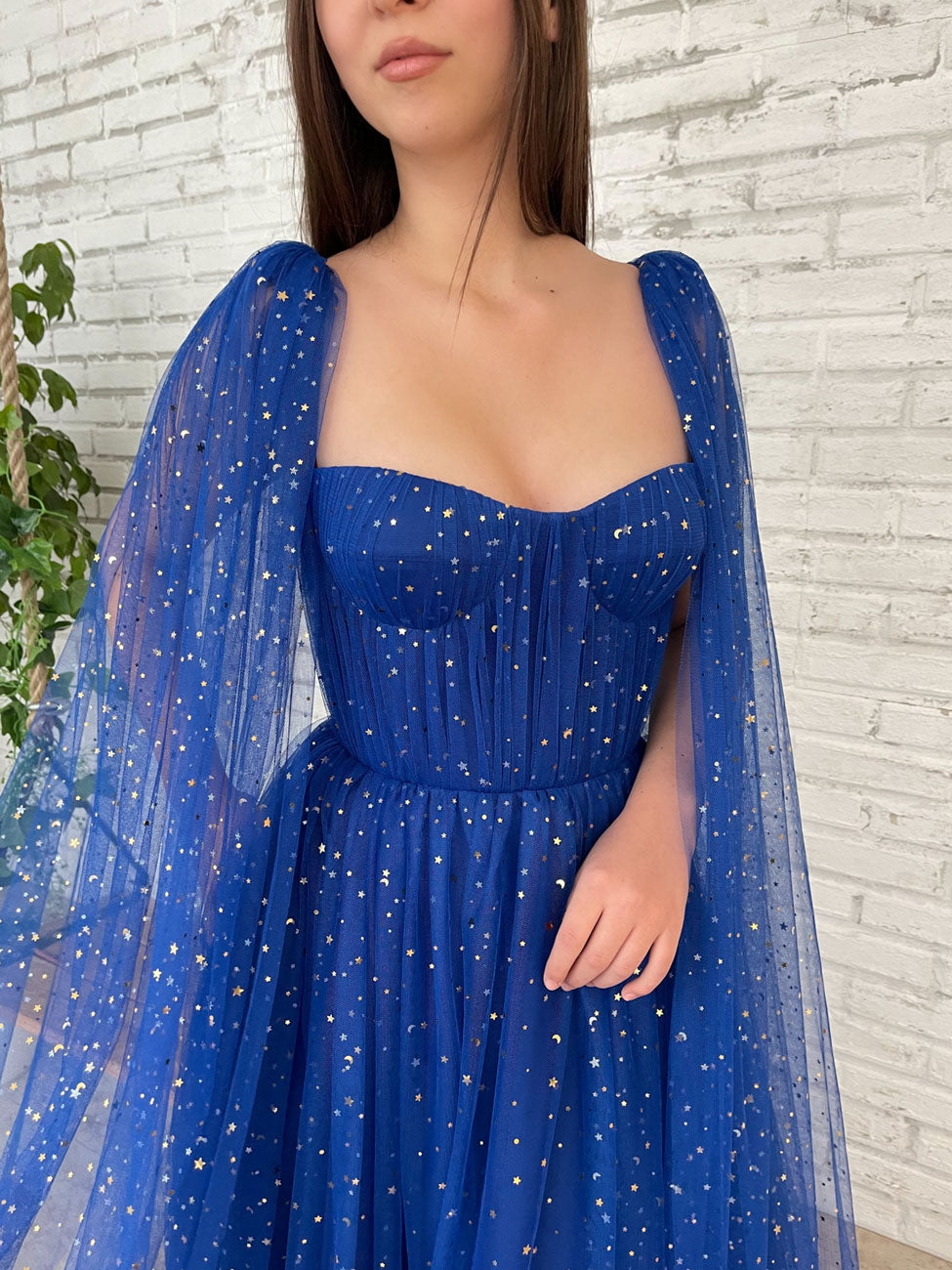 Blue tulle A line long prom dress, blue tulle formal dress
