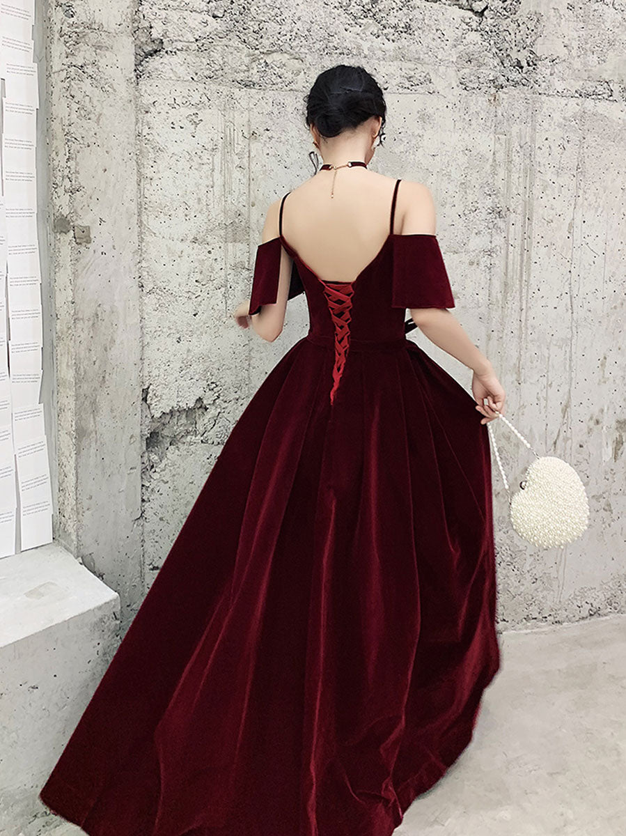 Simple v neck velvet long prom dress, burgundy formal evening dress ...