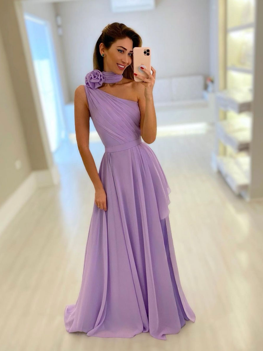 Simple one shoulder chiffon long prom dress, purple evening dress