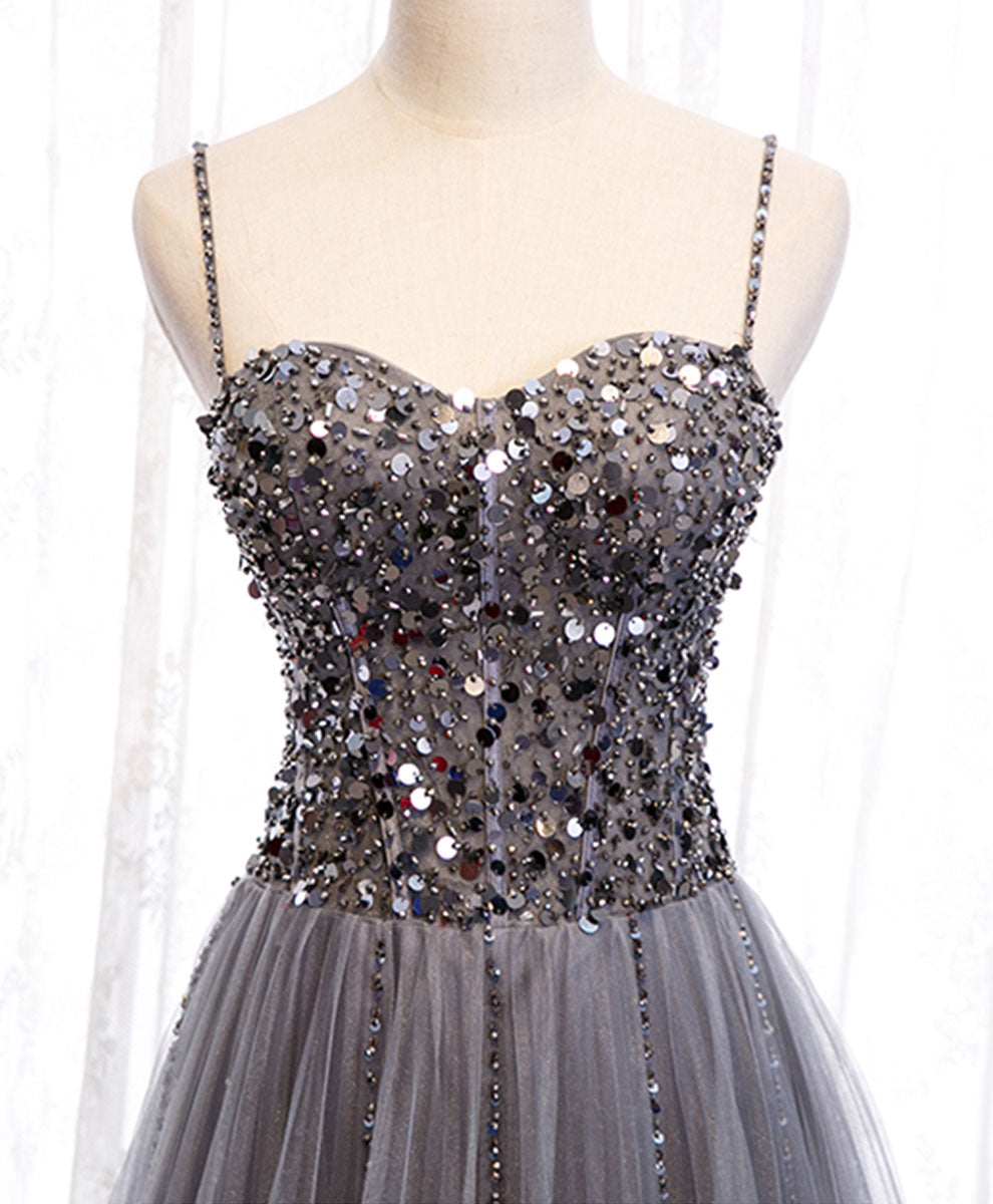 Gray sweetheart neck tulle sequin beads long prom dress
