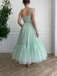 Green tulle tea length prom dress, green tulle formal dress