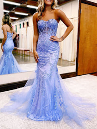 Mermaid Long Lace Blue Prom Dresses, Blue Lace Formal Evening Dresses
