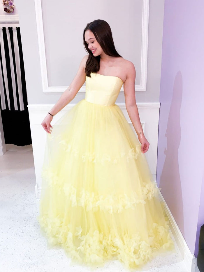 Yellow tulle lace applique long prom dress, yellow evening dress