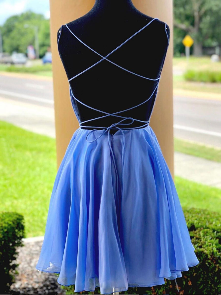 Blue chiffon beads backless short prom dress, blue homecoming dress