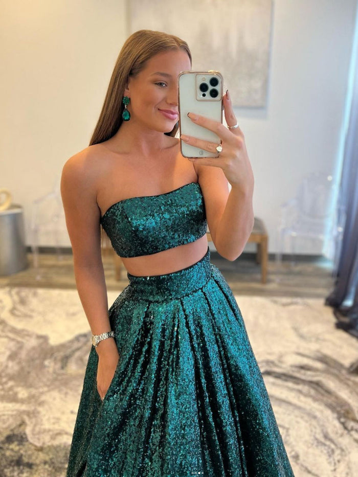 Green two pieces sequin long prom dress, green sequin evening dress