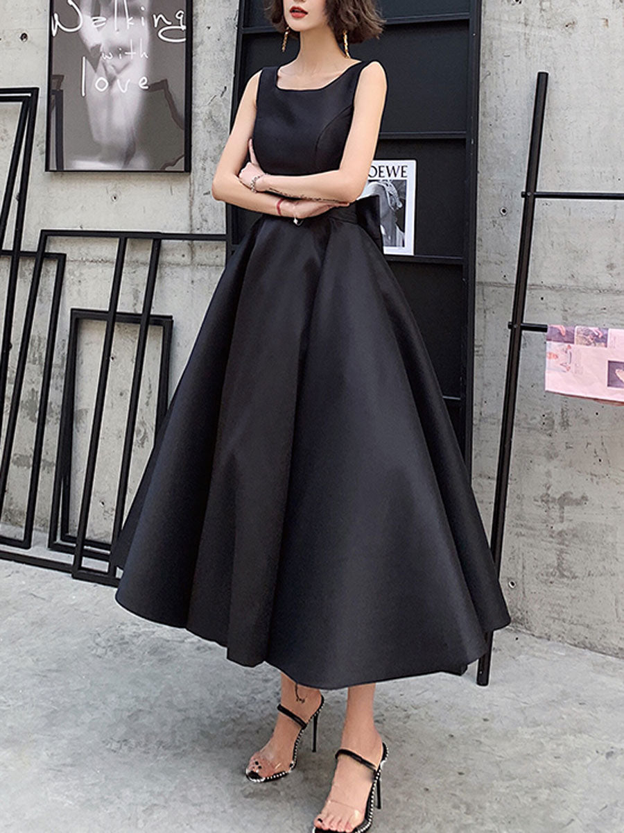 Black satin tea length prom dress black satin evening dress toptby Black satin tea length prom dress black satin evening dress toptby