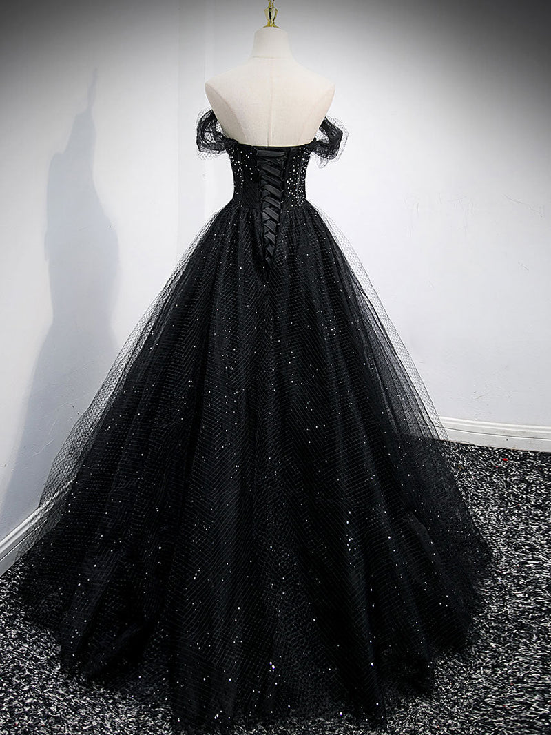Black tulle sequin long prom dress, black tulle formal dress