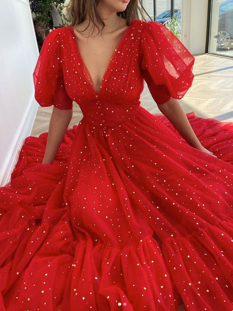 Red v neck tulle long prom dress red tulle formal dress