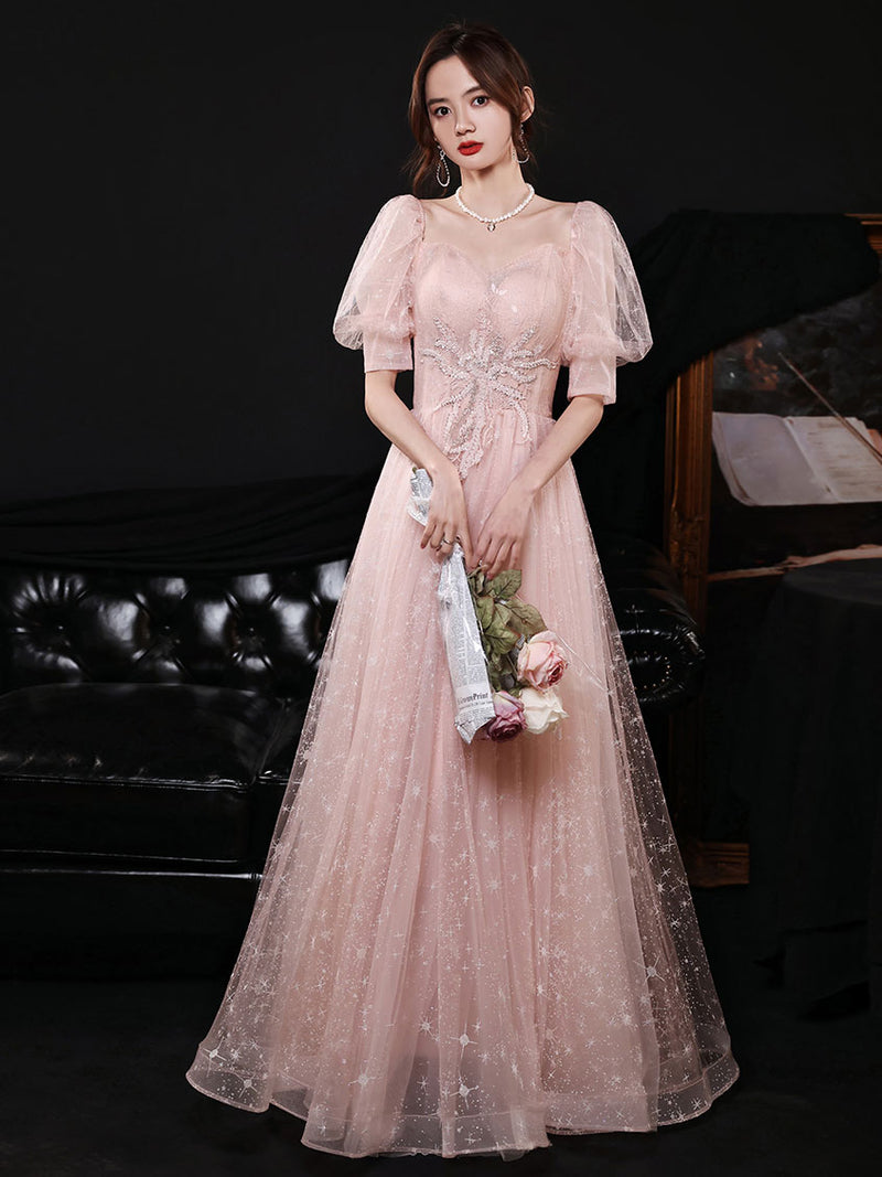 Pink tulle lace long prom dress, pink tulle evening dress