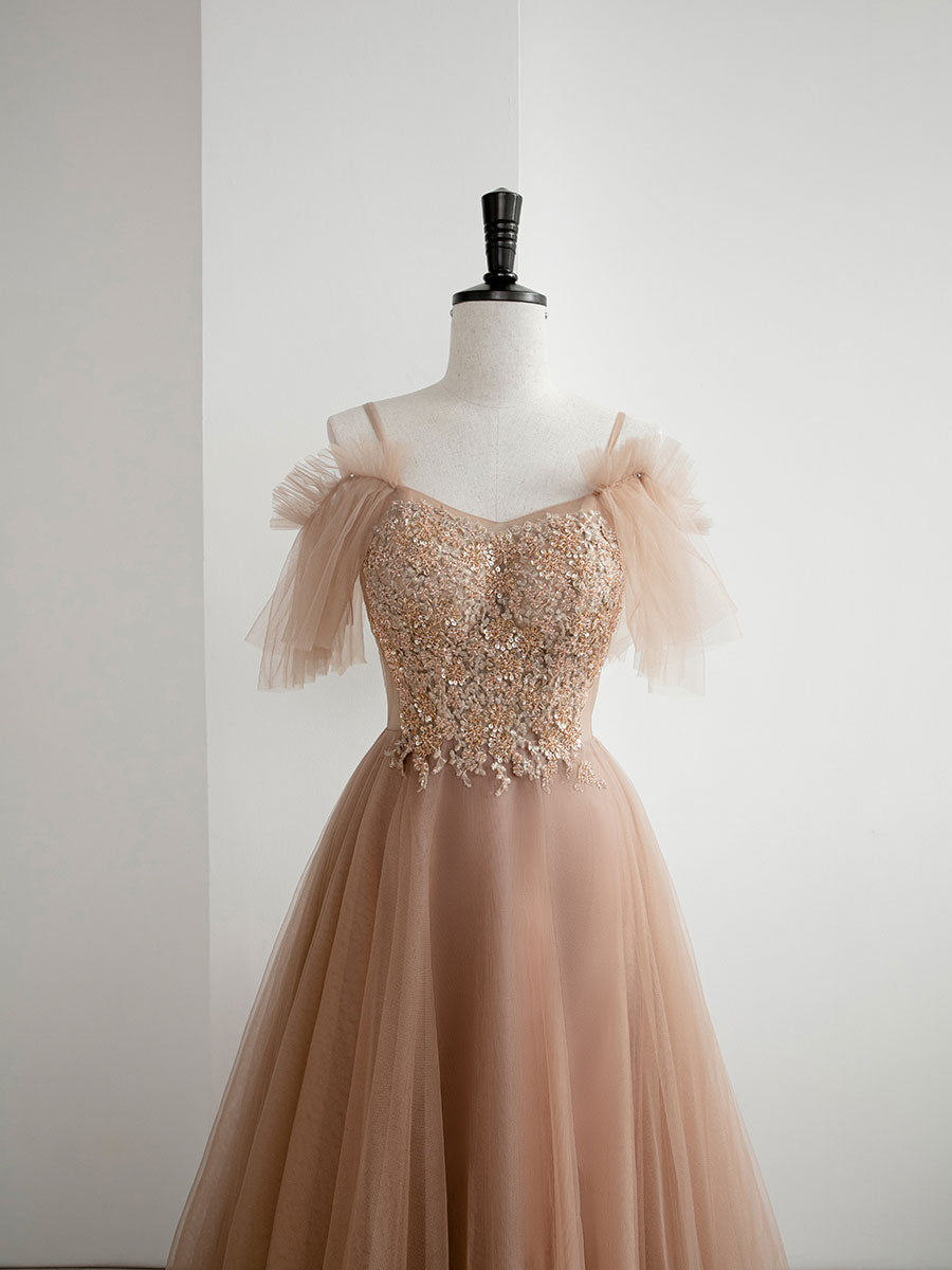 Champagne A line tulle lace long prom dress, champagne evening dress toptby Champagne A line tulle lace long prom dress, champagne evening dress toptby