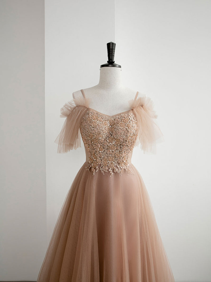 Champagne A line tulle lace long prom dress, champagne evening dress toptby Champagne A line tulle lace long prom dress, champagne evening dress toptby