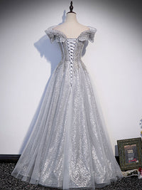 Gray tulle lace sequin long prom dress, gray tulle formal dress