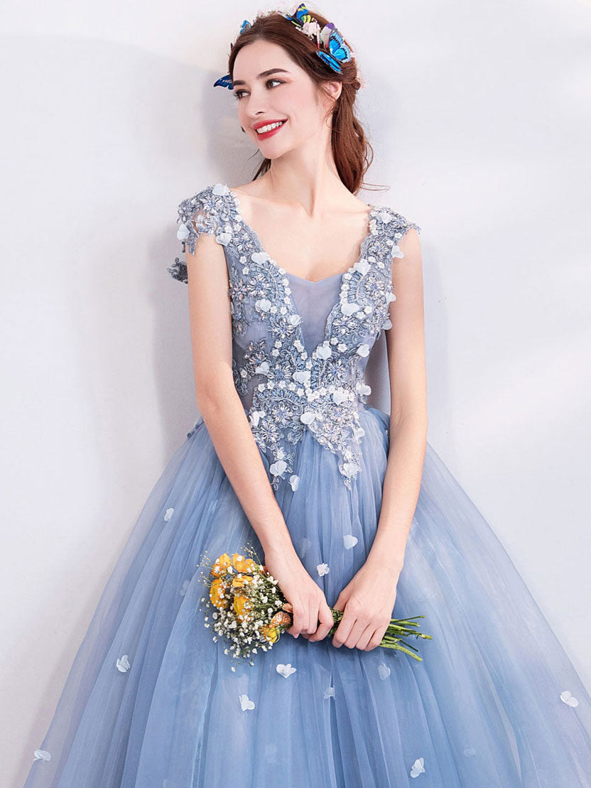 Unique blue tulle lace long prom dress, blue evening dress