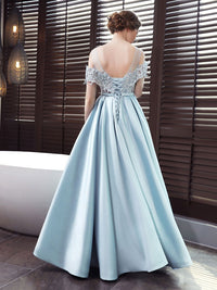 Blue off shoulder lace satin long prom dress, blue bridesmaid dress