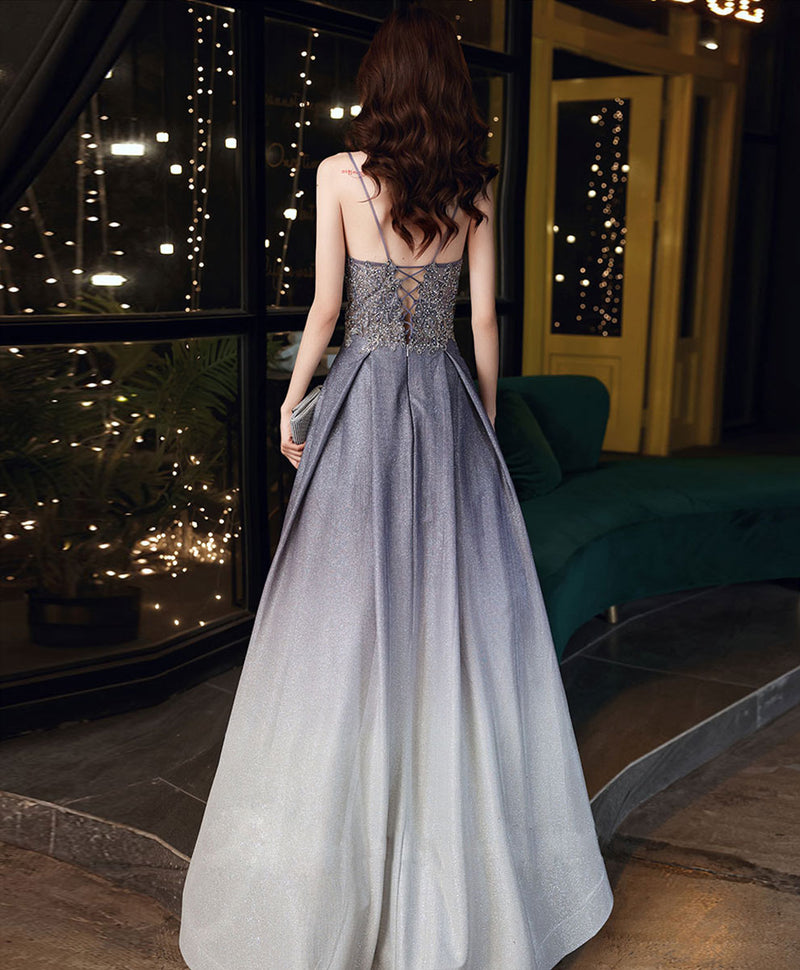 Blue sweetheart satin lace gradient long prom dress