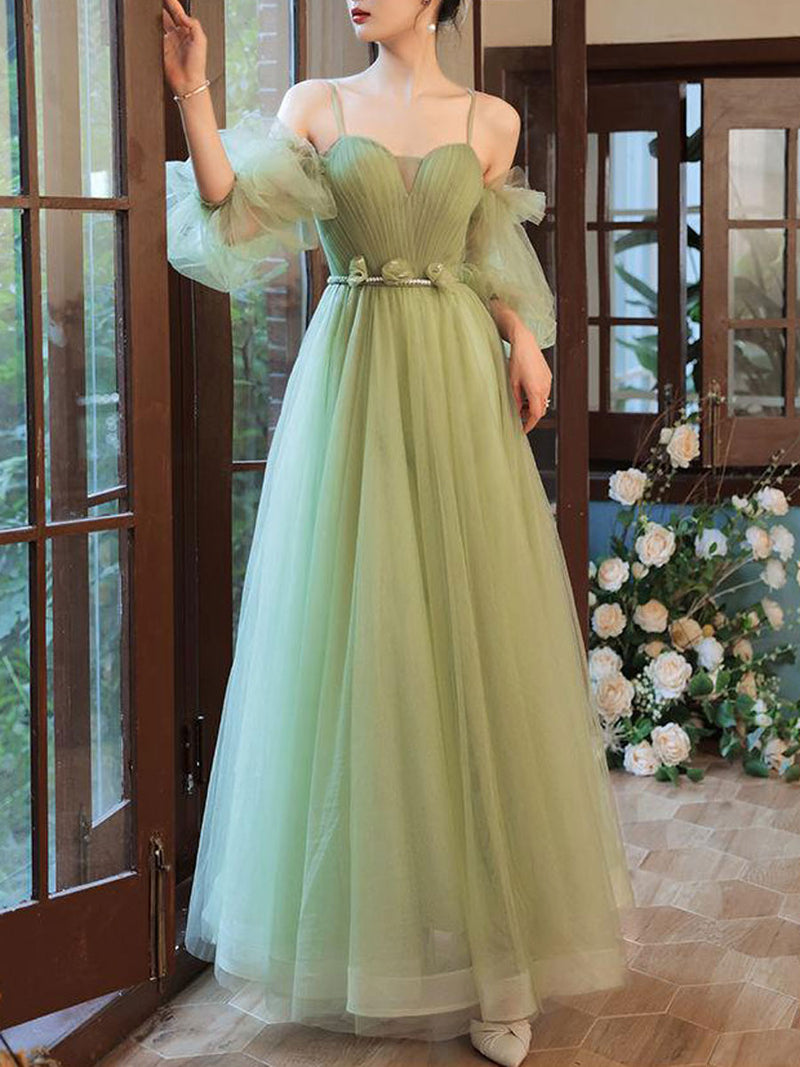Green tulle A line long prom dress, green tulle formal dress toptby Green tulle A line long prom dress, green tulle formal dress toptby