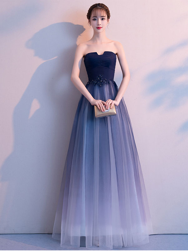 Blue tulle long prom dress, tulle long evening dress