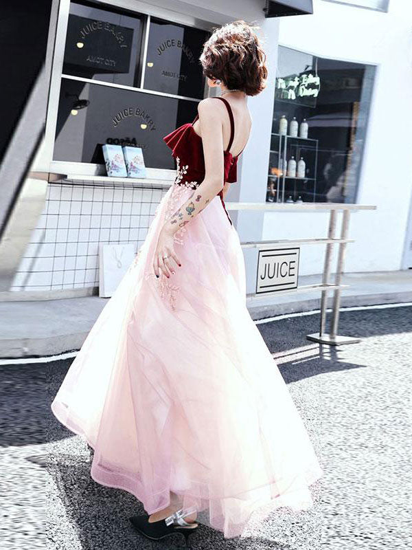Pink sweetheart tulle lace long prom dress, pink evening dress