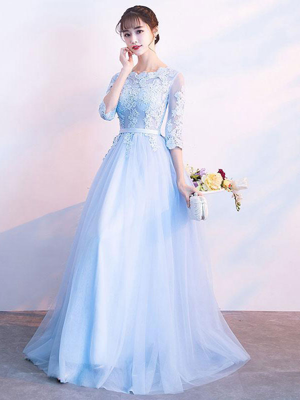 Blue tulle lace long prom dress, blue tulle lace bridesmaid dress