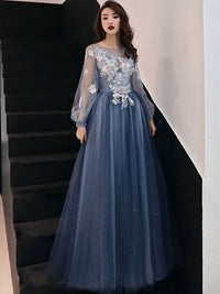 Blue tulle lace long prom dress blue lace formal dress