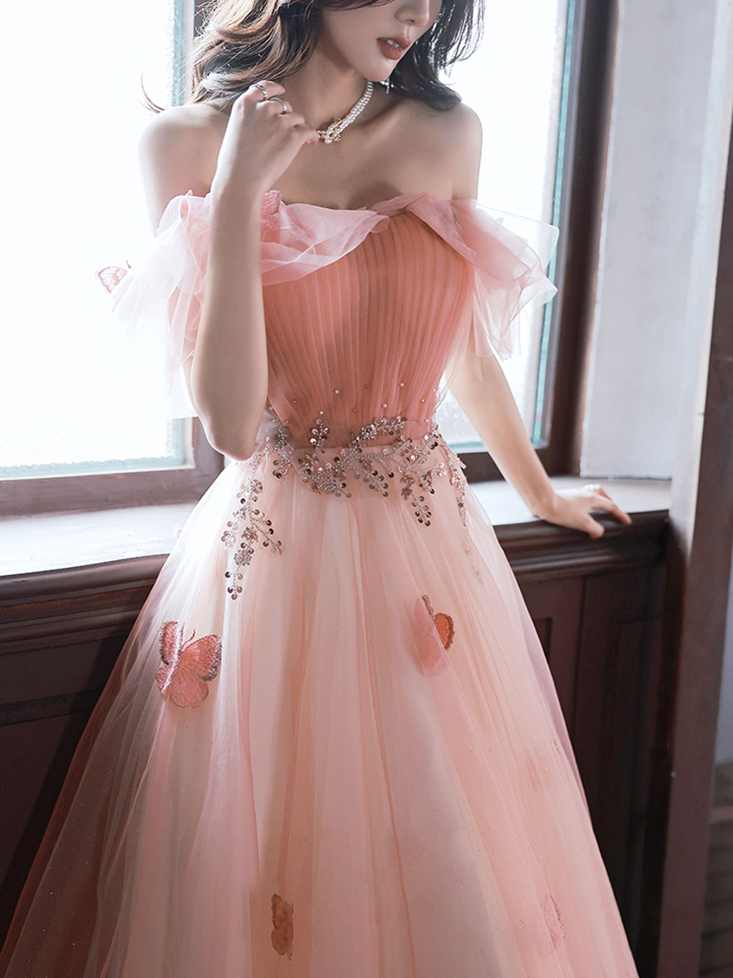 Pink tulle off shoulder long prom dress, pink tulle formal dress toptby Pink tulle off shoulder long prom dress, pink tulle formal dress toptby