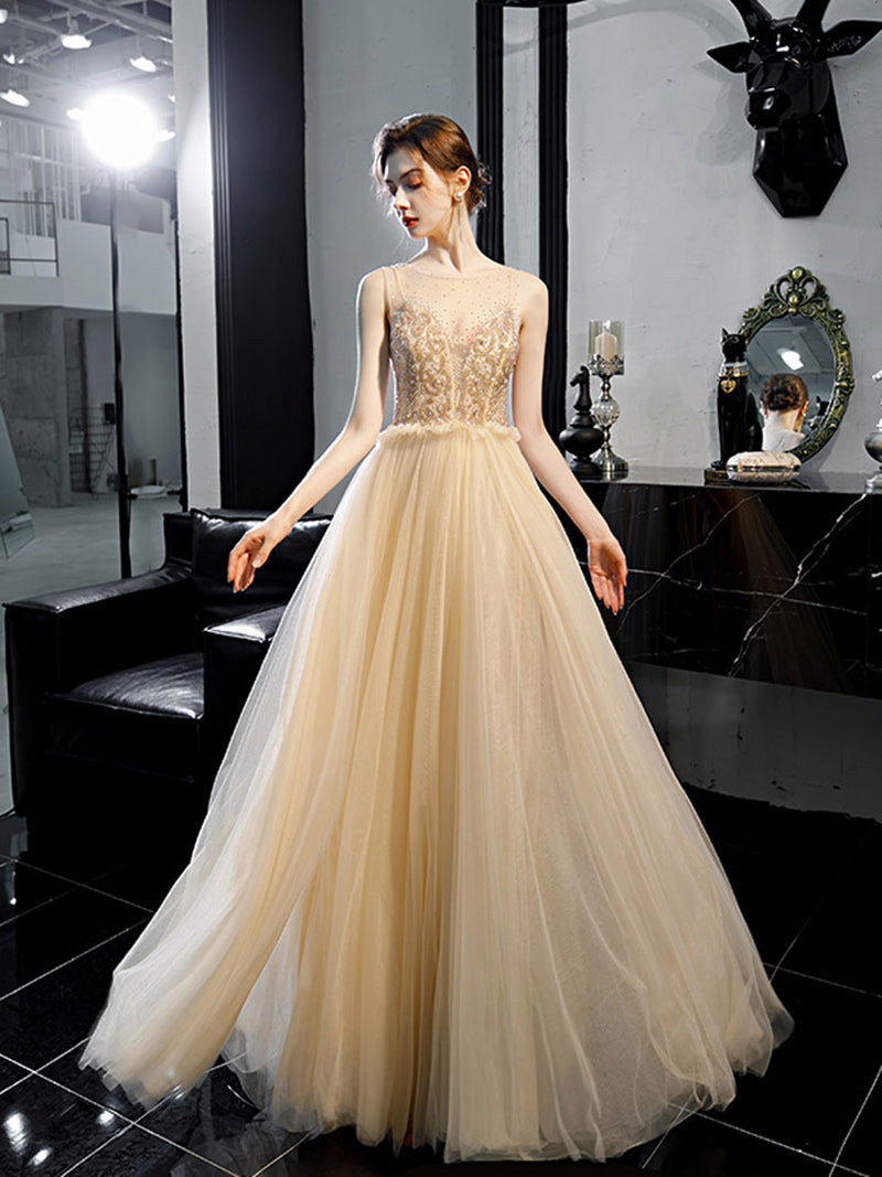 Champagne A line manual beads tulle long prom dress, tulle evening dress