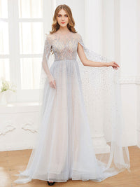 White tulle sequin beads long prom dress tulle formal dress