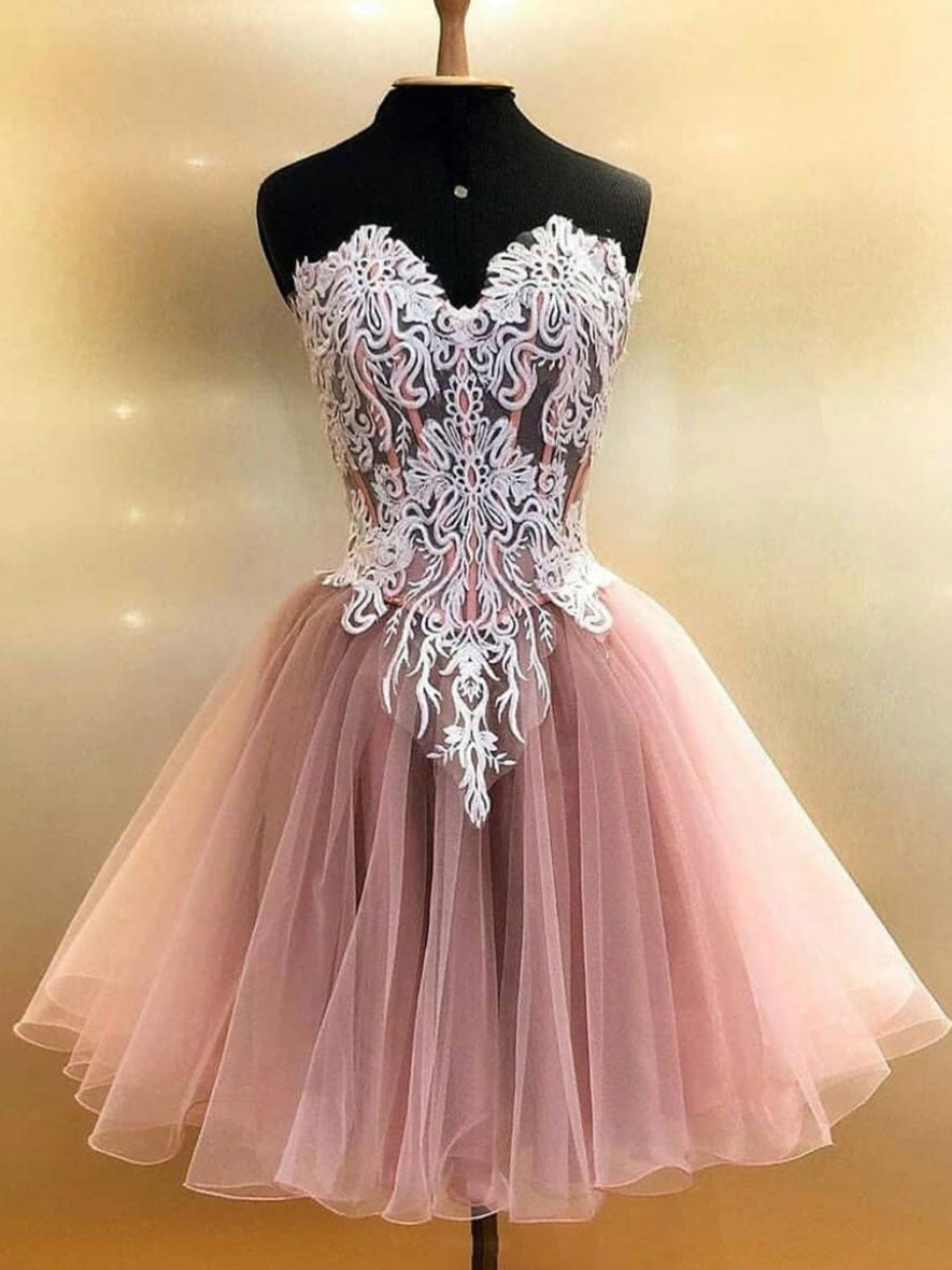 Cute champagne tulle lace short prom dress, homecoming dress