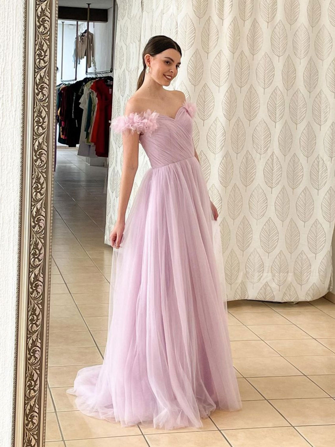 Pink A line long prom dress pink tulle long formal party dress – toptby