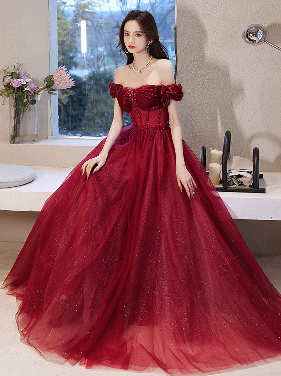 Burgundy tulle off shoulder long prom dress, burgundy evening dress