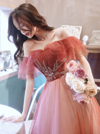 Burgundy tulle long prom dress, burgundy tulle formal dress