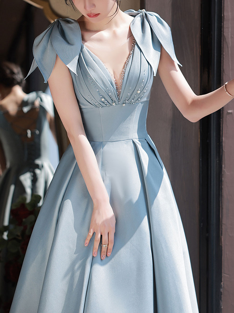 Blue v neck satin beads long prom dress, blue evening dress toptby Blue v neck satin beads long prom dress, blue evening dress toptby