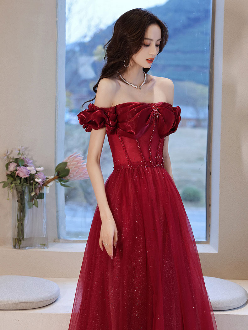 burgundy tulle prom dress Burgundy off shoulder tulle long prom dress, burgundy evening dress