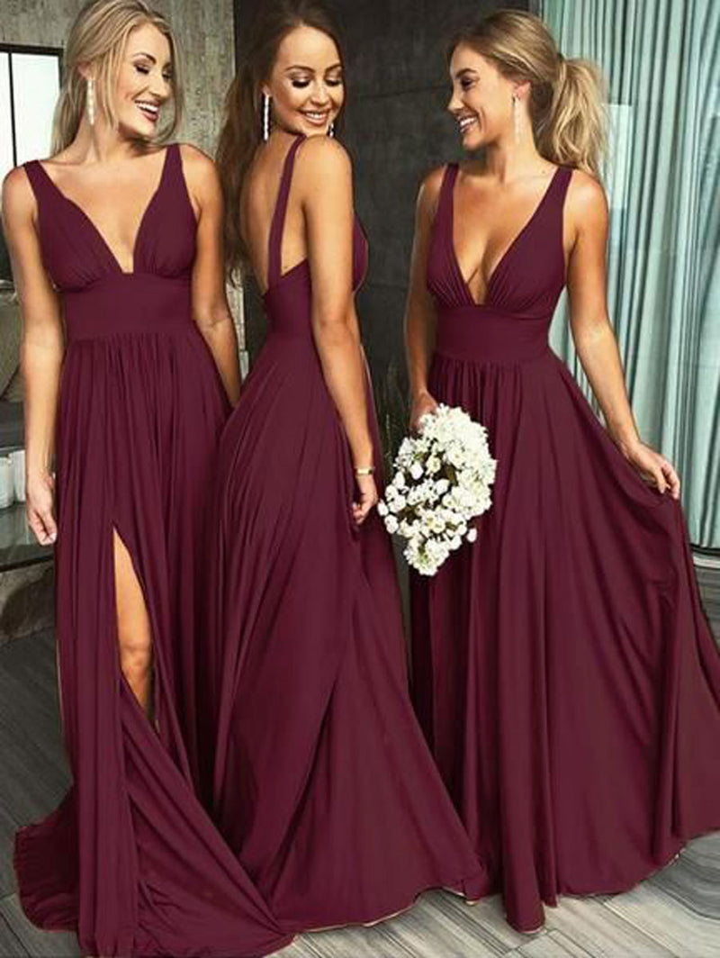 Simple burgundy long prom dress, burgundy bridesmaid dress