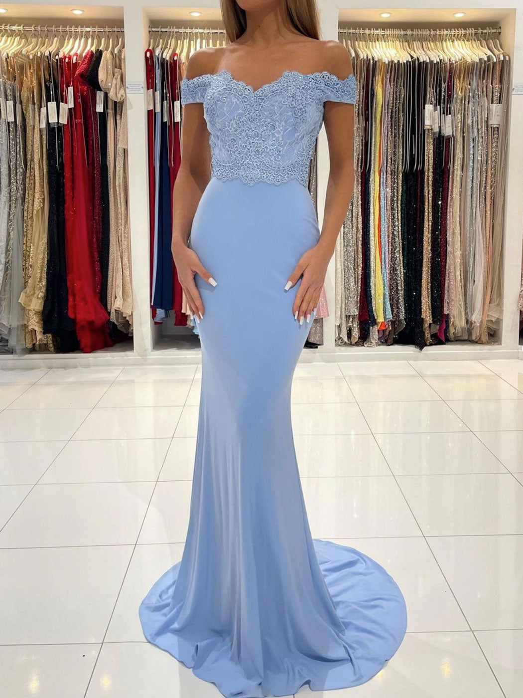 Blue chiffon lace mermaid long prom dress, blue evening dress