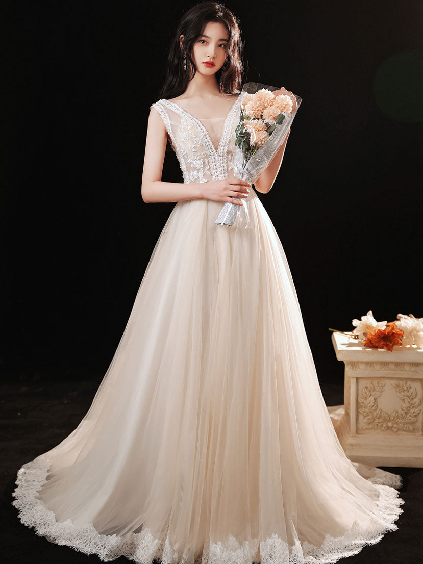 Champagne v neck lace tulle long prom dress, champagne evening dress