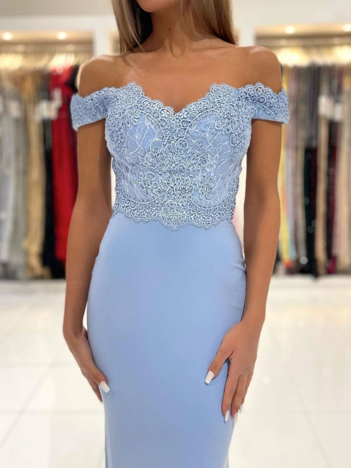 Blue chiffon lace mermaid long prom dress, blue evening dress