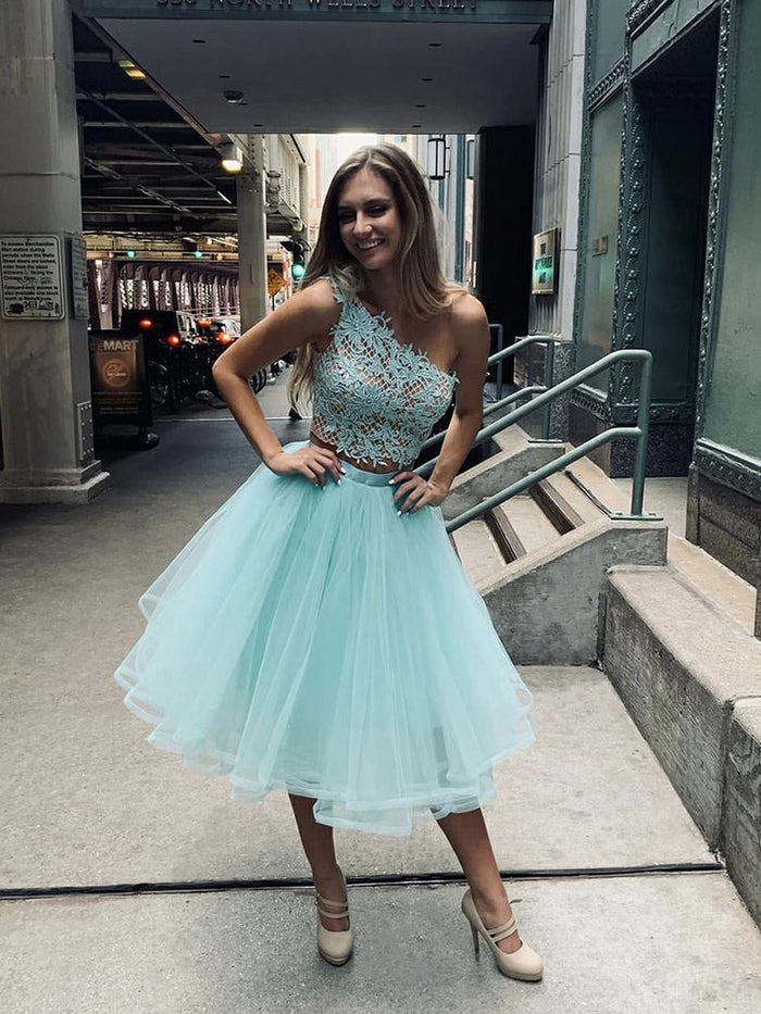 Green tulle two pieces lace short prom dress green tulle formal dress