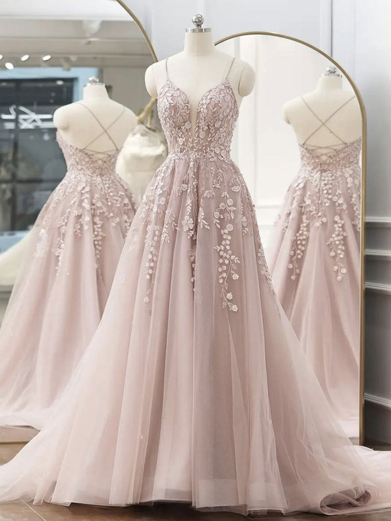 Pink tulle lace long prom dress, pink tulle lace evening dress