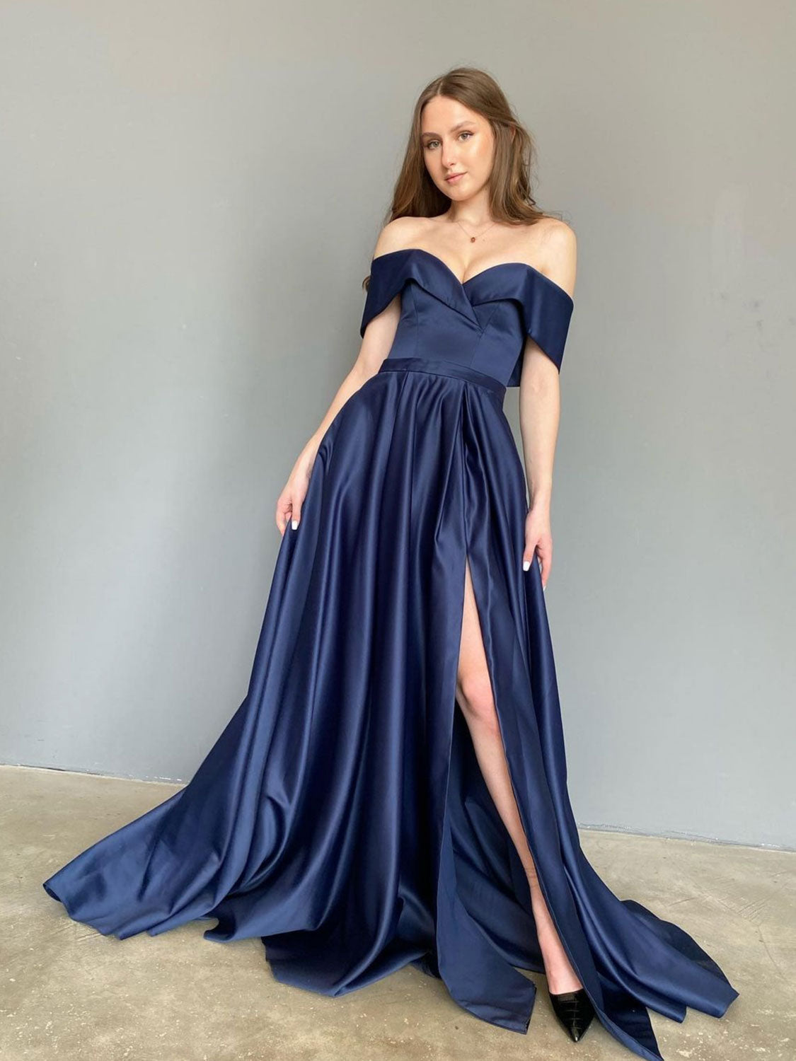 Dark blue off shoulder long prom dress, blue bridesmaid dress