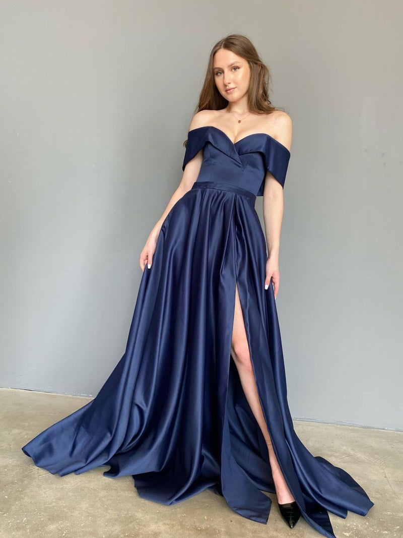 Dark blue off shoulder long prom dress, blue bridesmaid dress – toptby